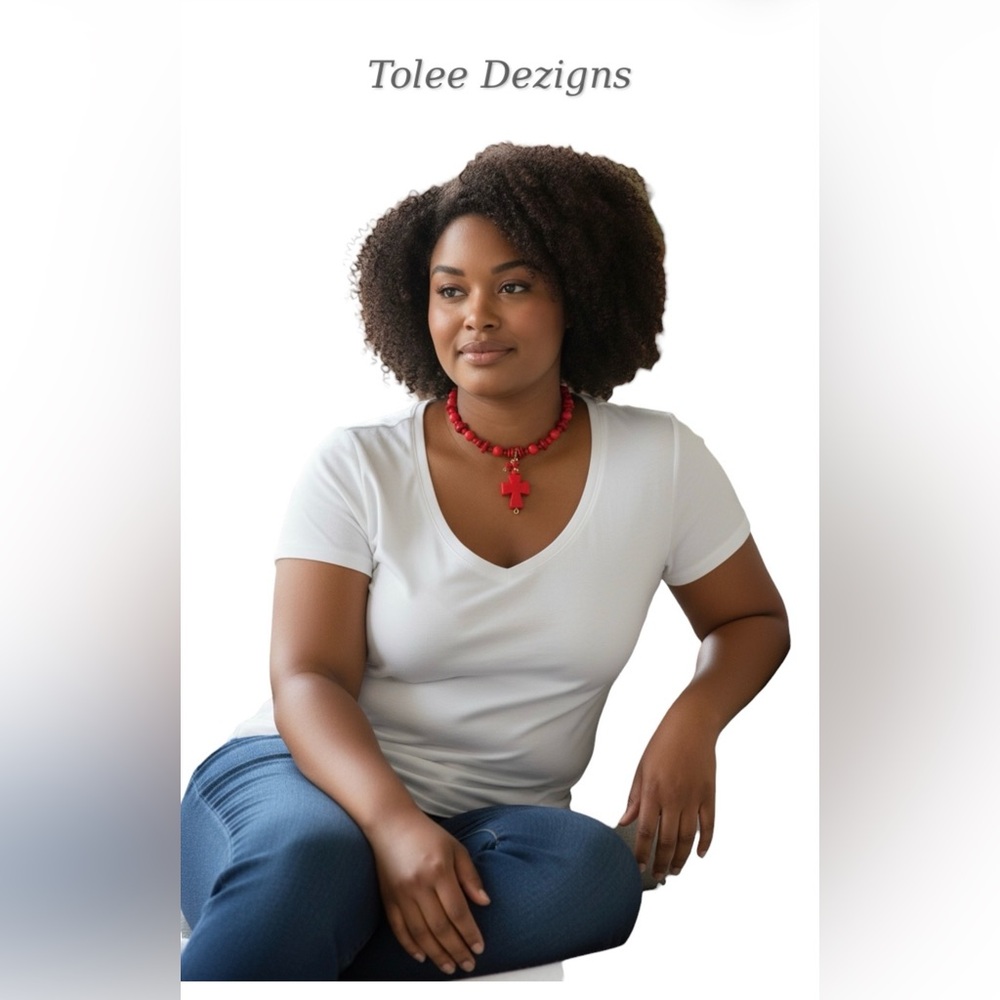 Red Beaded Necklace with Cross Pendant Choker “12-18”